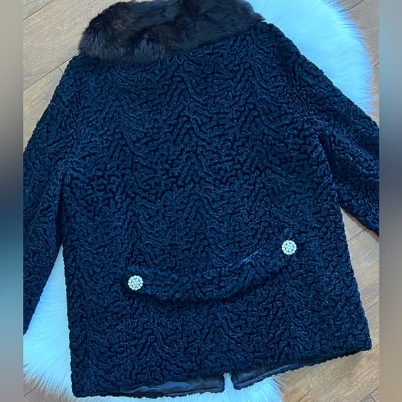 Vintage Black Curly Lamb Coat With Mink Fur Collar - Picture 7 of 15